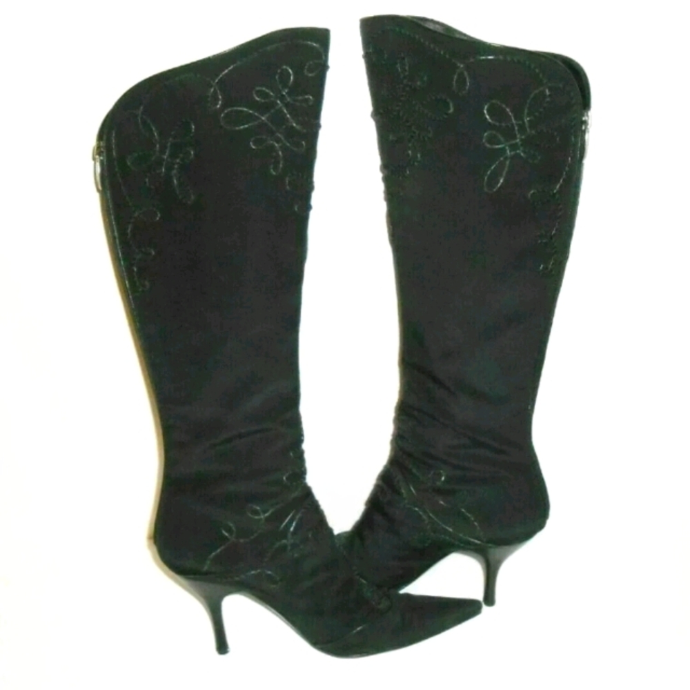 Sergio Rossi Black Embroidered Knee-High Stiletto Boots